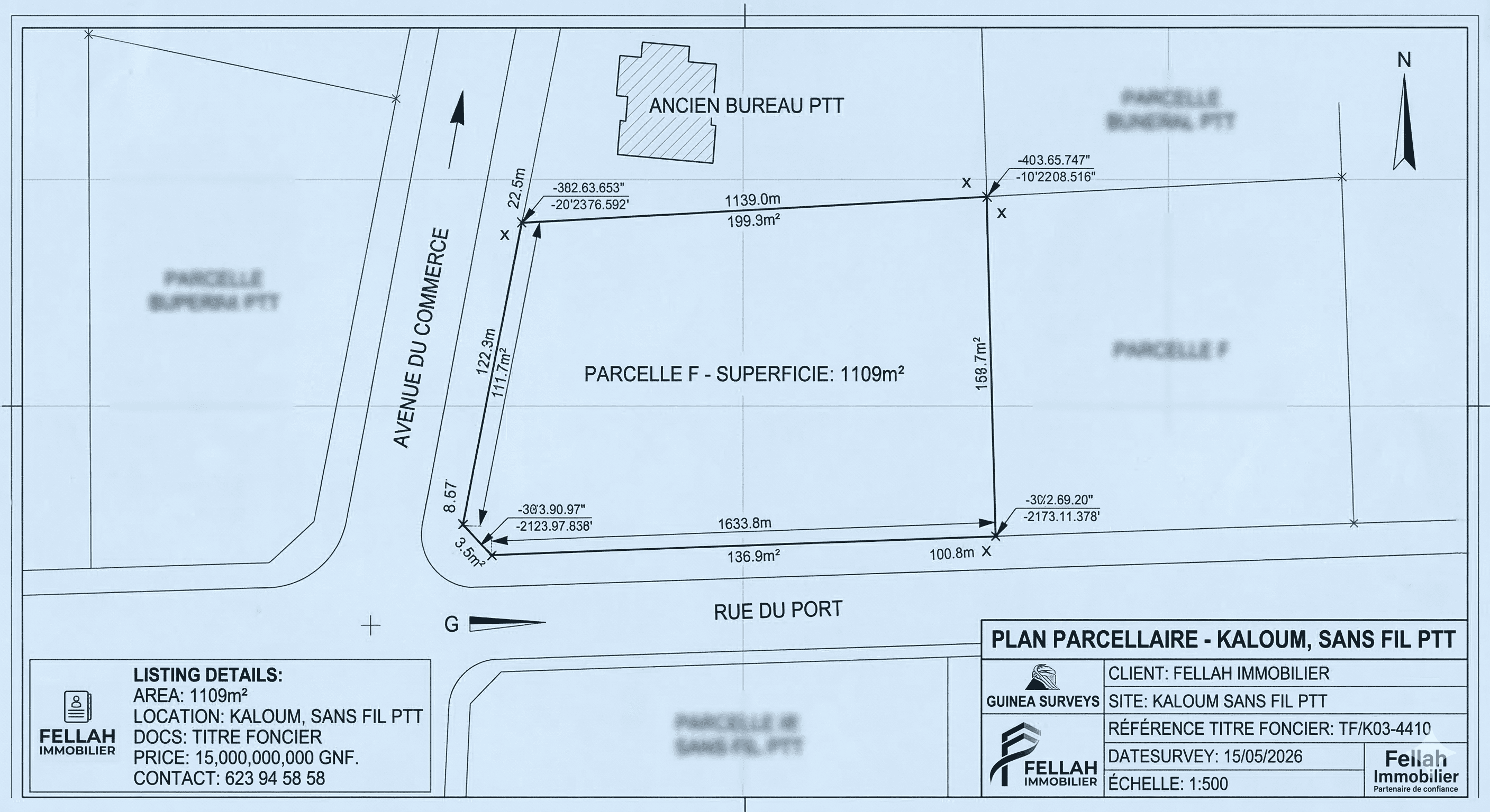 Terrain à Kaloum (Sans Fil PTT) – 1109m² avec Titre Foncier